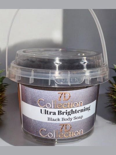 7D Collection Ultra Brightening Black Soap in a clear container for radiant skin care