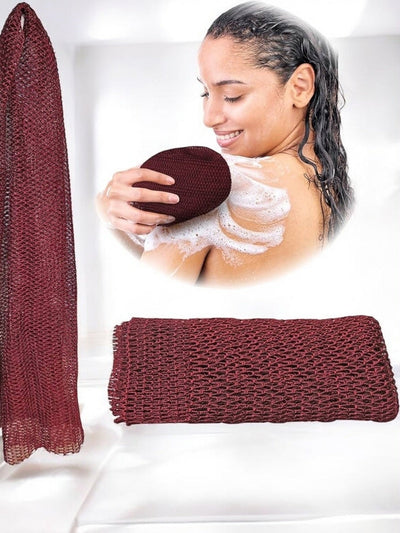 African net sponge for exfoliation in burgundy with a user applying it during a shower