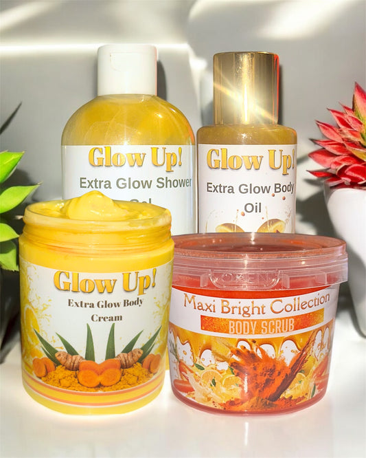 Glow & Go Body Bundle featuring Extra Glow Shower Cream, Body Oil, Body Cream, and Scrub for radiant skin
