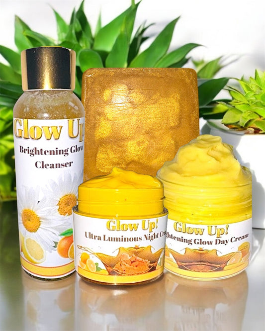 Glow Essentials skin care kit including Brightening Glow Cleanser, Night Cream, and Day Cream for radiant skin