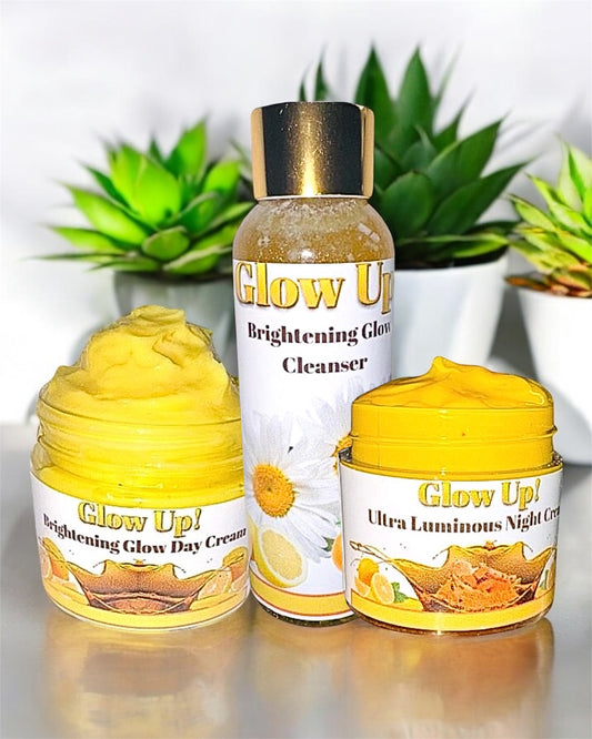 Glow Essentials Skincare set including Brightening Glow Cleanser, Day Cream, and Night Cream for radiant skin