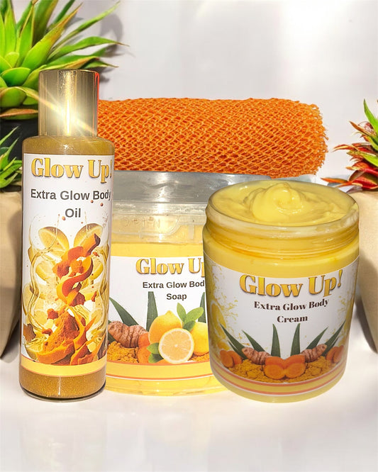 Glow Up body care bundle featuring oil, soap, and cream for radiant skin nourishment
