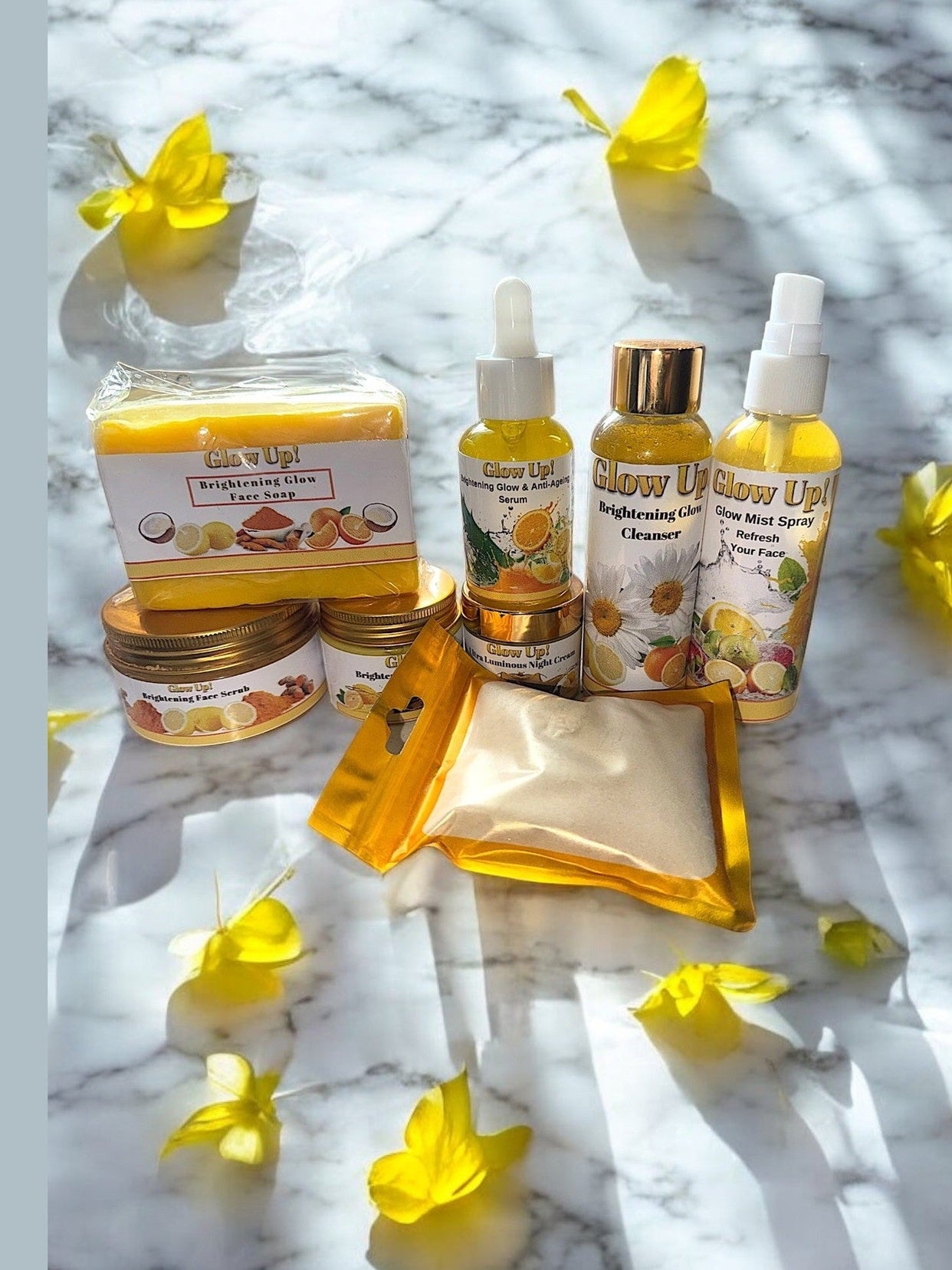 Brightening skincare bundle including cleanser, mist, and exfoliating scrub for radiant skin