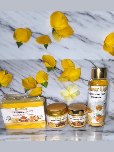 Brightening skincare set featuring cleanser, face soap, and moisturizers in vibrant packaging with yellow accents
