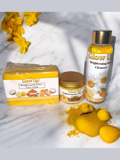 Glow Up Brightening Skincare Set including soap, cleanser, and cream for radiant skin
