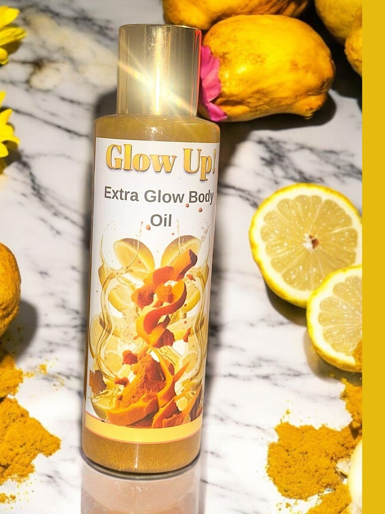 Glow Up Extra Glow Body Oil in a bottle on a marble surface with lemon and flowers