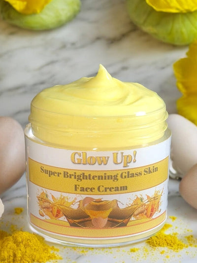 Glow Up Super Brightening Glass Skin Face Cream in a yellow jar for radiant skin