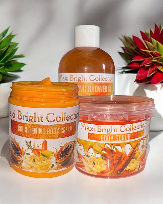 Maxi Bright Body Bundle featuring Brightening Body Cream, Body Scrub, and Shower Gel in vibrant packaging