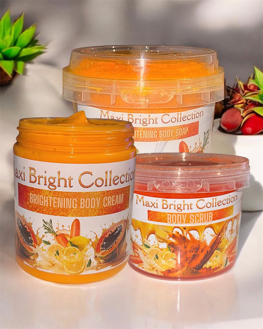 Maxi Bright Body Bundle featuring Brightening Body Cream, Soap, and Scrub for radiant skin