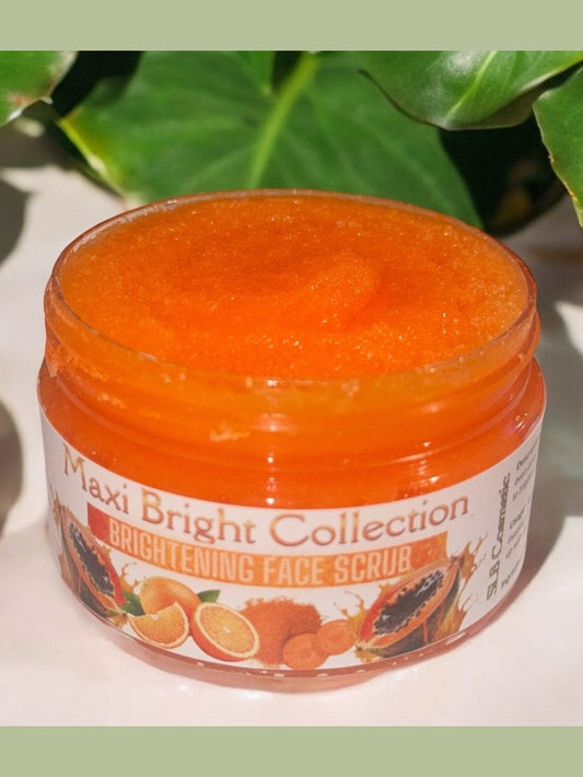 Maxi Bright Collection Brightening Face Scrub in a jar with vibrant orange scrub for glowing skin