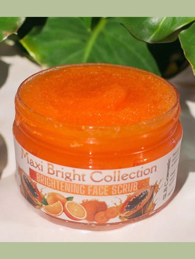 Maxi Bright Collection Brightening Face Scrub in a jar with vibrant orange scrub for glowing skin