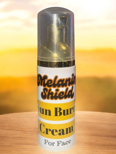 Melanin Shield sunburn cream for face in a pump bottle designed for skin protection
