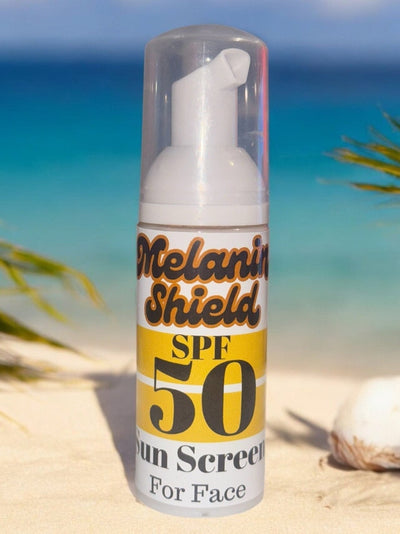 Melanin Shield sunscreen SPF 50 in a pump bottle for face protection against UV rays