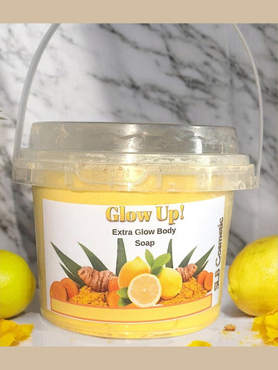 SLB Market Glow Up Extra Glow Body Soap in a clear tub with lemon and turmeric ingredients